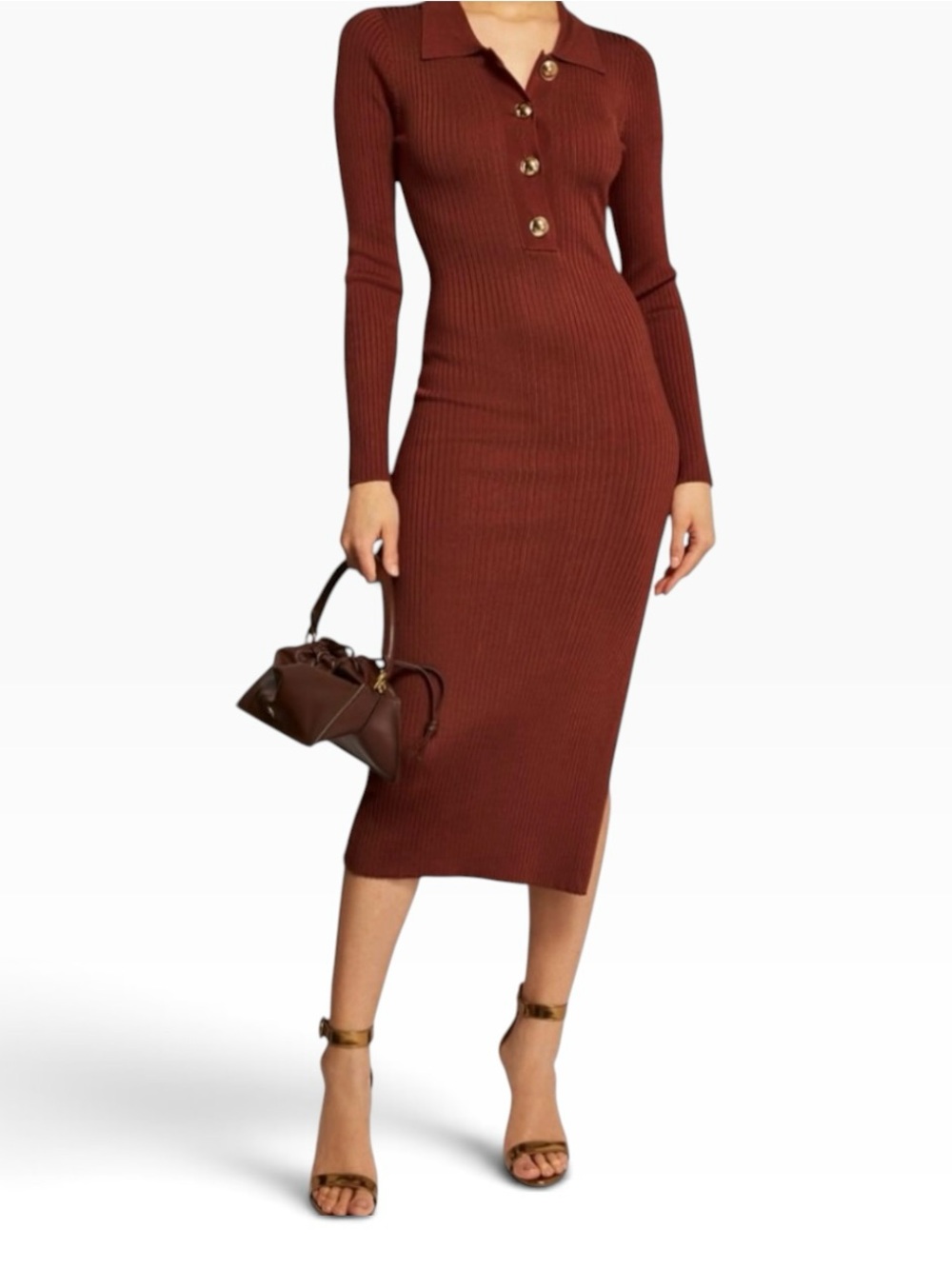 Good American Long Sleeve Polo Midi Dress in Brick Red